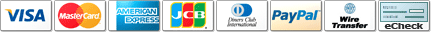 VISA, MasterCard, American Express, JCB, Diners Club, PayPal, Wire Transfer, Check