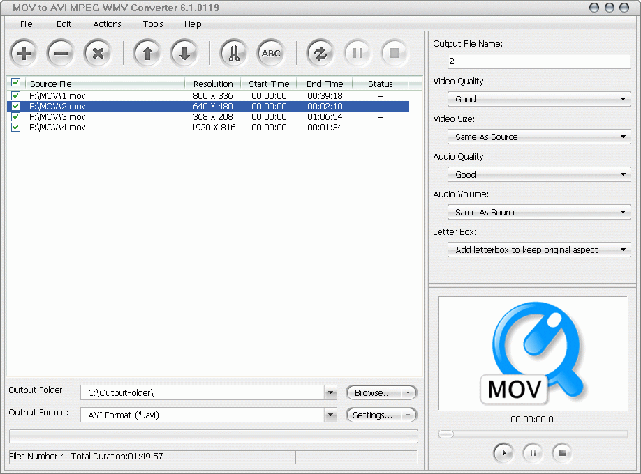 Click to view MOV to AVI MPEG WMV Converter 6.4.1202 screenshot