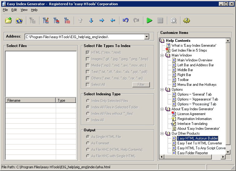 Easy Index Generator: Janela Principal — Personalizar Itens do Projecto