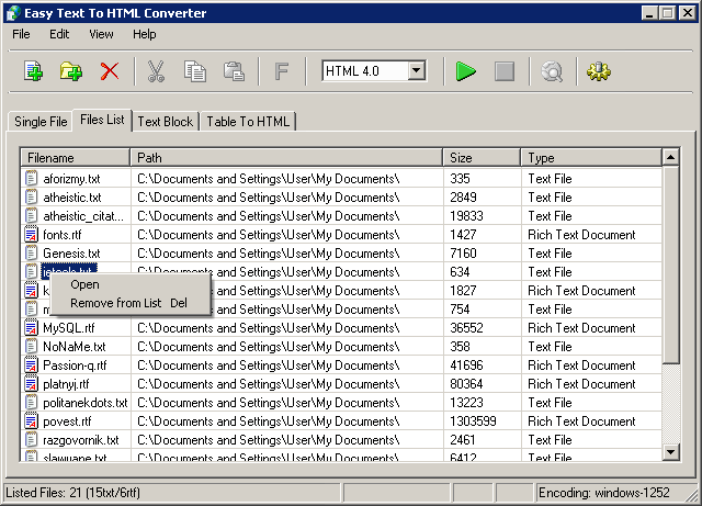 Easy Text To HTML Converter: Hauptfenster — Reiter 'Dateiliste'