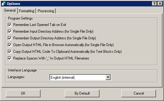 Easy Text To HTML Converter: Optionen — Reiter 'Allgemeine'