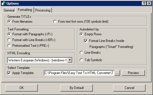 Easy Text To HTML Converter: Optionen — Reiter 'Formatierung'